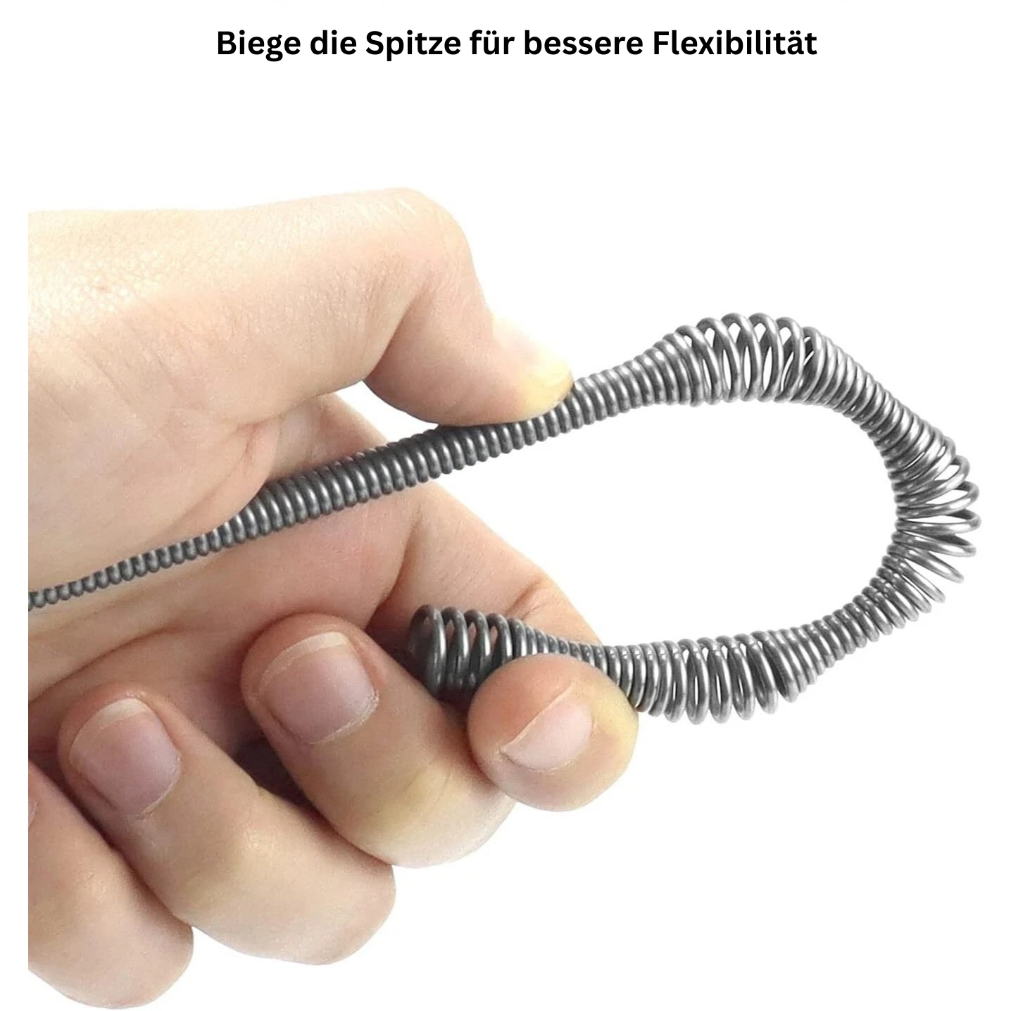 Rohrreinigungs-Spirale mit biegsamer Spitze, Hand hält das Spiralkabel zur besseren Flexibilität, geeignet zum einfachen Einführen in gebogene Abflussrohre und zur Entfernung von Verstopfungen