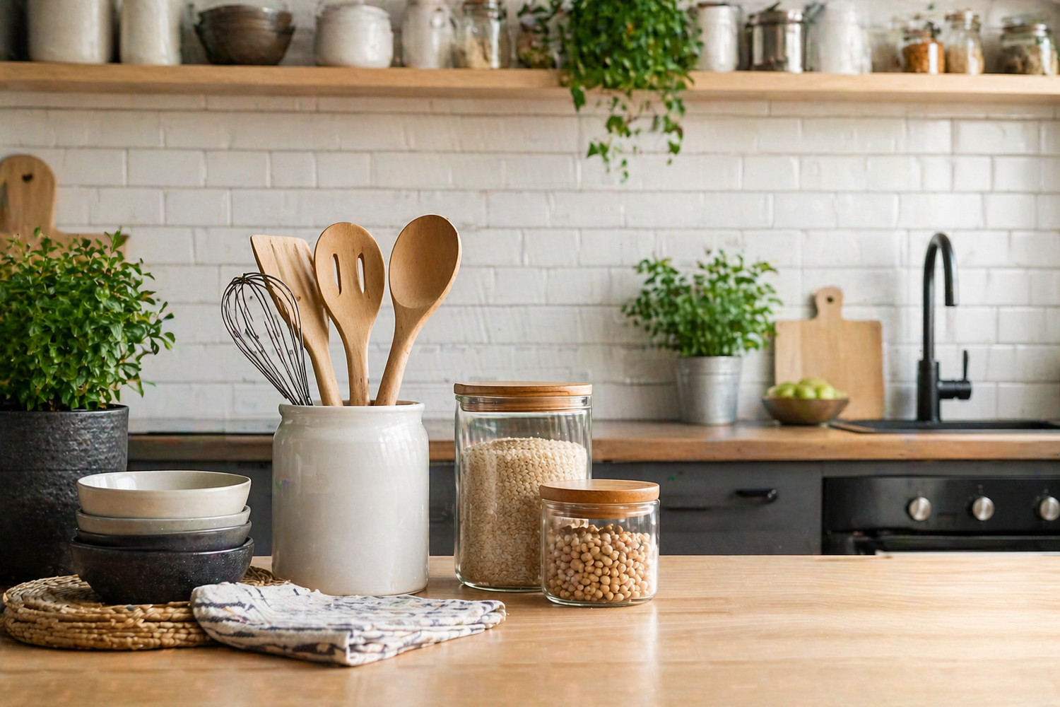 Eine helle Küche mit nützlichen Küchenhelfern aus Holz im W!GO Store.