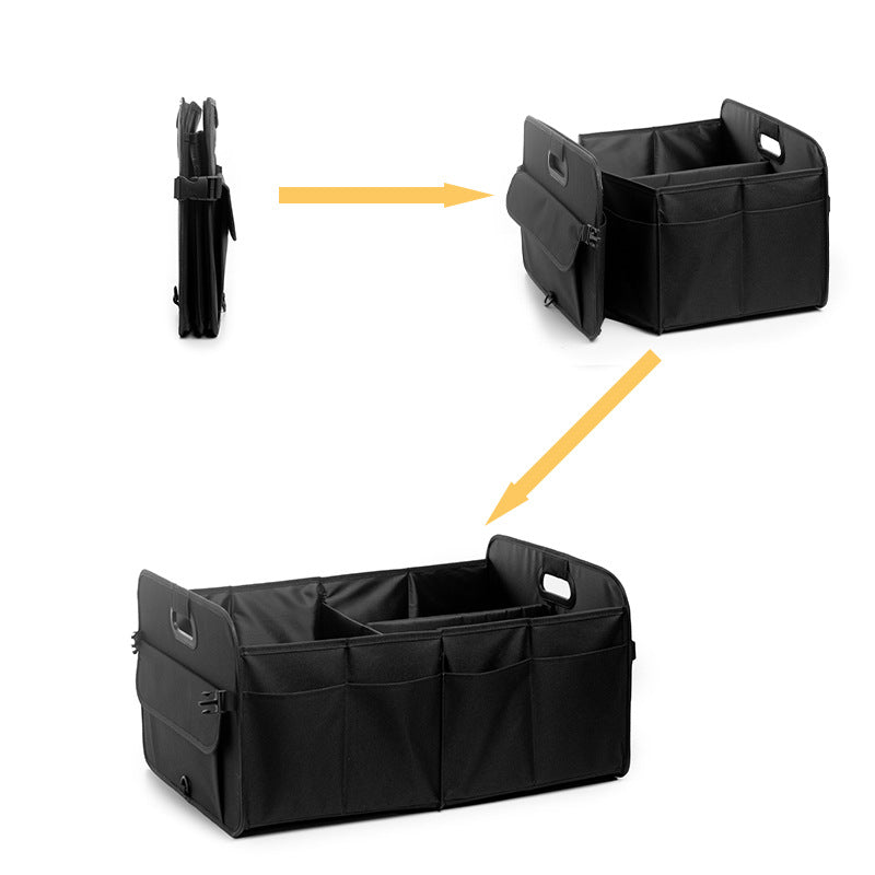 faltbarer auto organizer zusammenklappbar, kofferraum box aufklappen, platzsparender auto organizer, faltmechanismus organizer auto, kofferraum aufbewahrungsbox flexibel