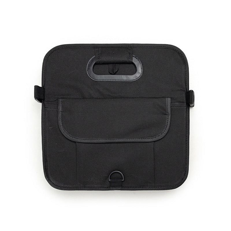 faltbarer auto organizer geschlossen, kompakte aufbewahrungsbox auto, kofferraum tasche schwarz, organizer mit deckel, platzsparende transportbox