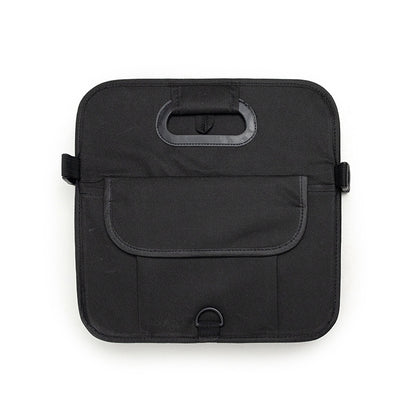 faltbarer auto organizer geschlossen, kompakte aufbewahrungsbox auto, kofferraum tasche schwarz, organizer mit deckel, platzsparende transportbox