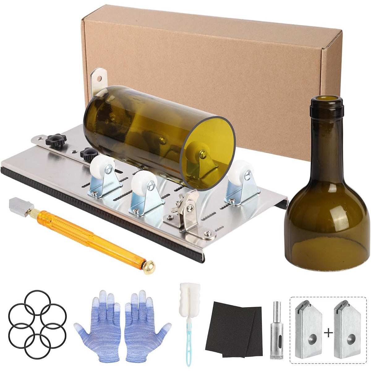 glasflaschenschneider in anwendung, runde glasflasche, gleichmäßiges schneiden, diy werkzeug, flasche auf rollenführung, präziser schnitt