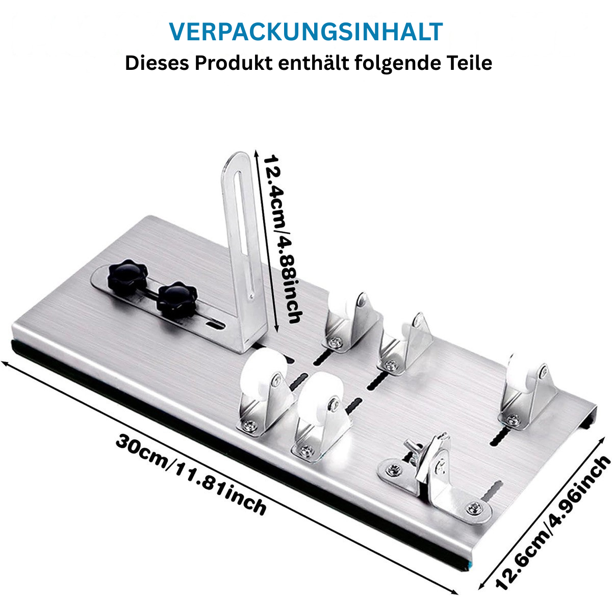 Glasflaschen-Schneider Set Verpackungsinhalt, Gerät mit stabiler Basis, Rollenführung und Halterung, Abmessungen dargestellt, geeignet zum präzisen Schneiden von Glasflaschen für DIY-Projekte