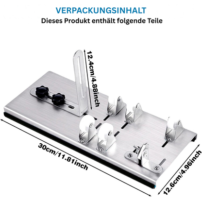 Glasflaschen-Schneider Set Verpackungsinhalt, Gerät mit stabiler Basis, Rollenführung und Halterung, Abmessungen dargestellt, geeignet zum präzisen Schneiden von Glasflaschen für DIY-Projekte