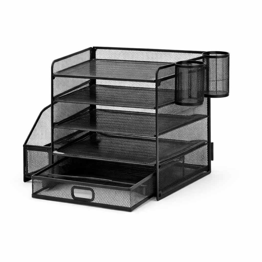Schreibtisch Organizer Metall - 5 Ebenen Dokumentenablage - Schublade - Stifthalter - schwarz - Büro Organisation
