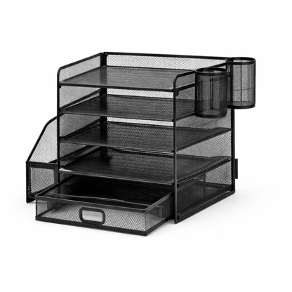 Schreibtisch Organizer Metall - 5 Ebenen Dokumentenablage - Schublade - Stifthalter - schwarz - Büro Organisation
